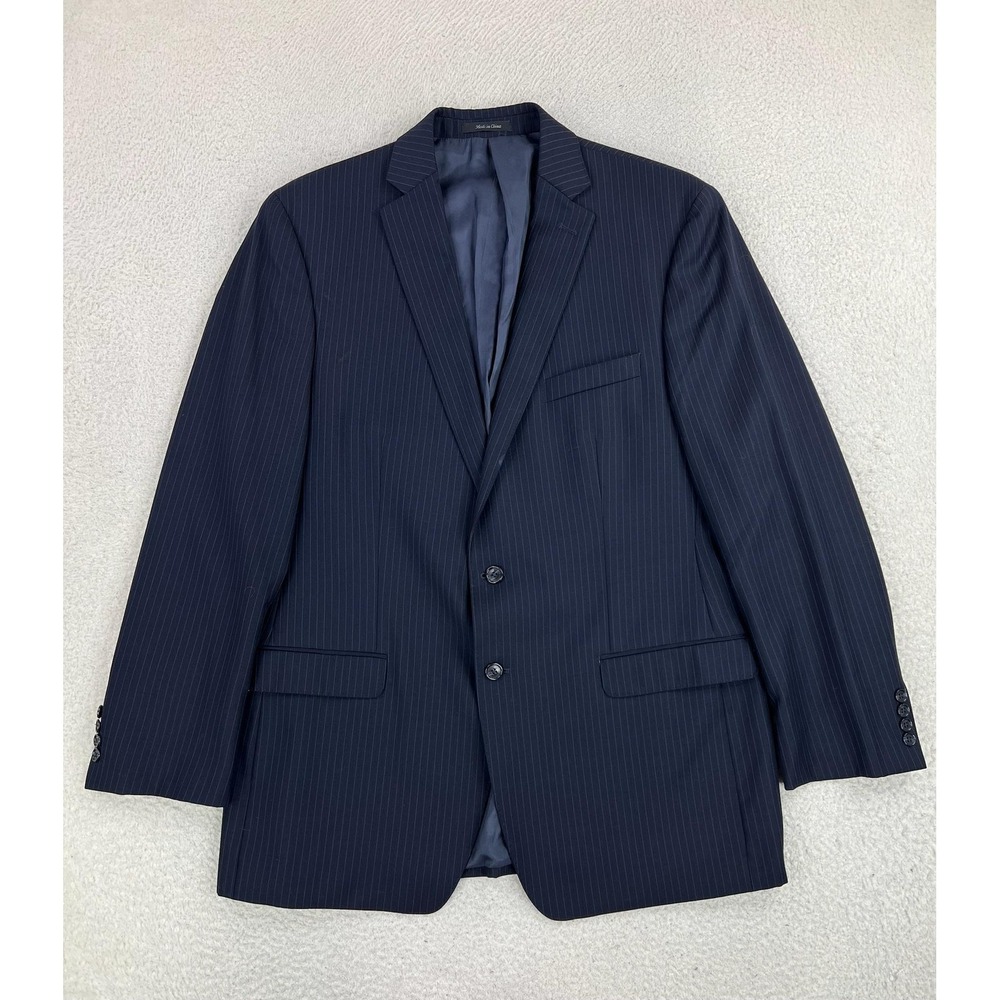 Calvin Klein Suit Jacket Mens 44L Navy Blue Pinstripe Wool Classic Fit 2 Button